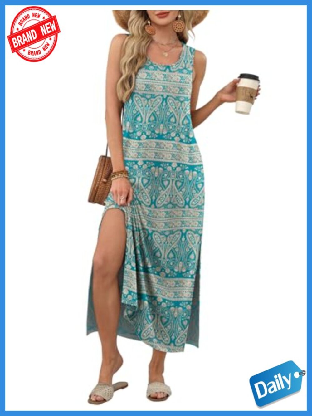 Sleeveless Maxi Dress with Pockets, Boho Summer Sundress, Loose Fit, Crew Neck, - Picture 3 of 6
